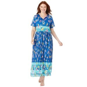 ONLY NECESSITIES 4X Blue Floral Maxi Dress Bohemian V Neck Short Sleeve